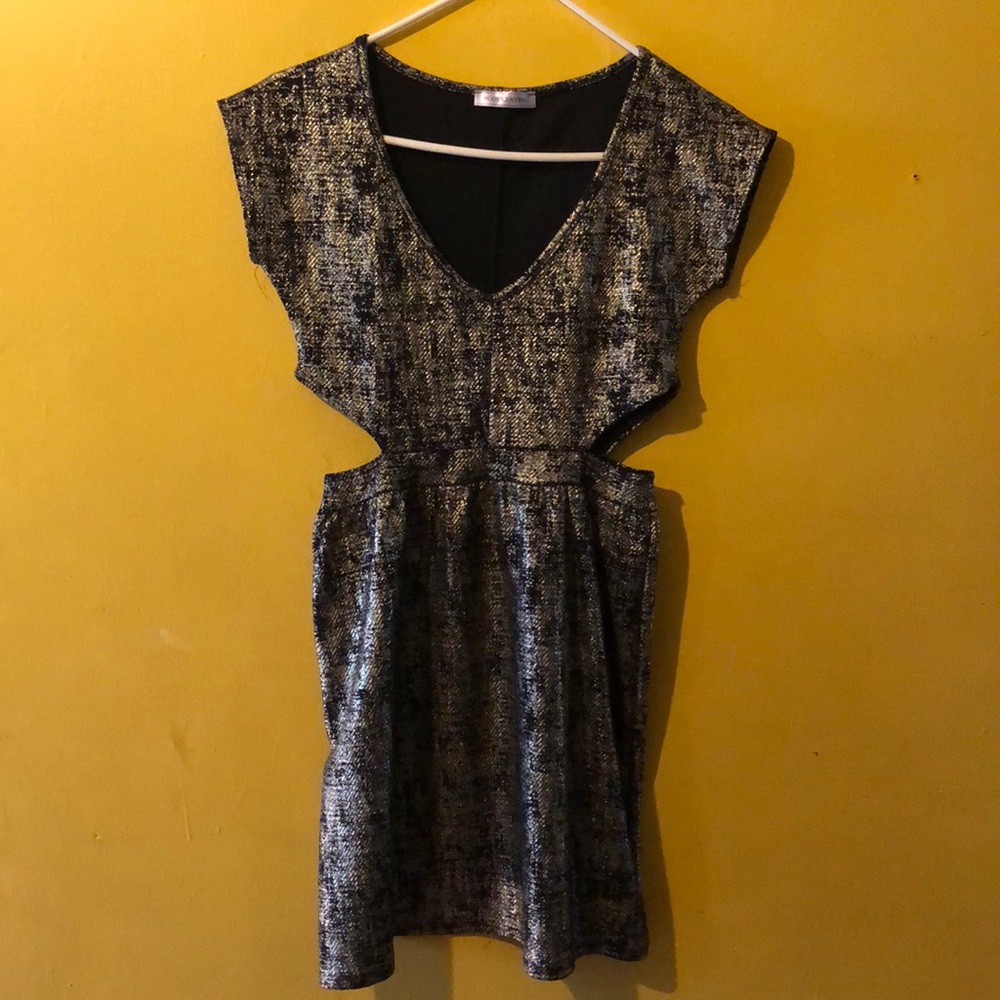 Black and metallic silver and gold dress